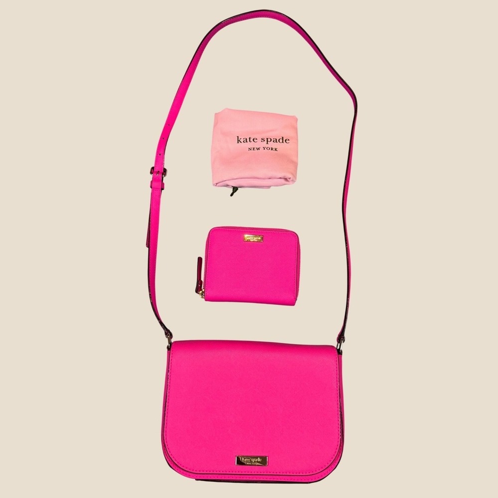 Kate Spade New York Saffiano Leather Crossbody and Wallet Set Pink Gold Logo